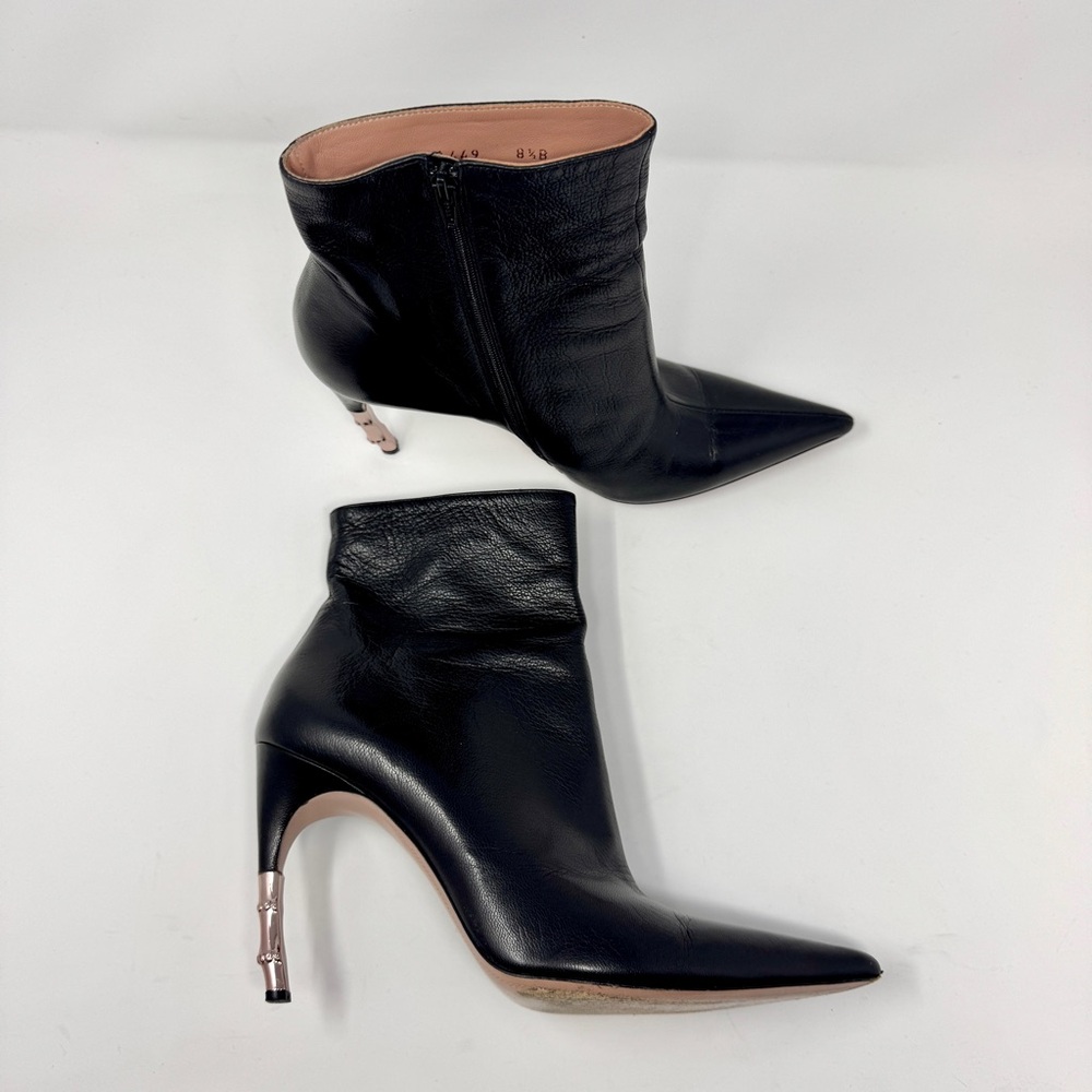 Gucci Black Goat Leather Ankle Boots with Rose Gold Metal Bamboo Heels - Picture 5 of 16